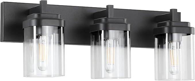 Vanity Light Fixture,3-Light Vanity Light for Bathroom,Matte Black Bathroom Vanity Lighting Over Mirror with Square Clear Glass Shade for Restroom