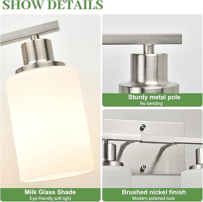 3-Light Bathroom Light Fixtures, Brushed Nickel Vanity Light with Milky White Shades, Bathroom Lighting Fixtures Over Mirror, Modern Bathroom Wall Lamp for Mirror Living Room Cabinet Bedroom