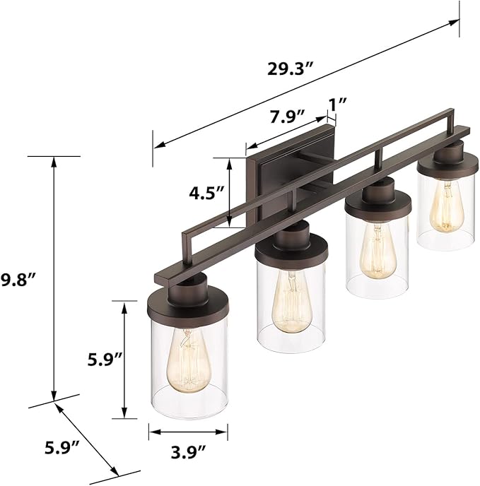 Emliviar 4-Light Vintage Vanity Light - Farmhouse Bathroom Wall Light Fixtures, Oil Rubbed Bronze Finish with Clear Glass, YCE238B-4W ORB
