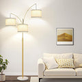 Nintiue Dimmable Floor Lamp - 3 Lights Gold Floor Lamps for Living Room Linen White Shades & Marble Base, Mid Century Tree Floor Lamp for Bedroom Office, 3 LED Bulbs Included