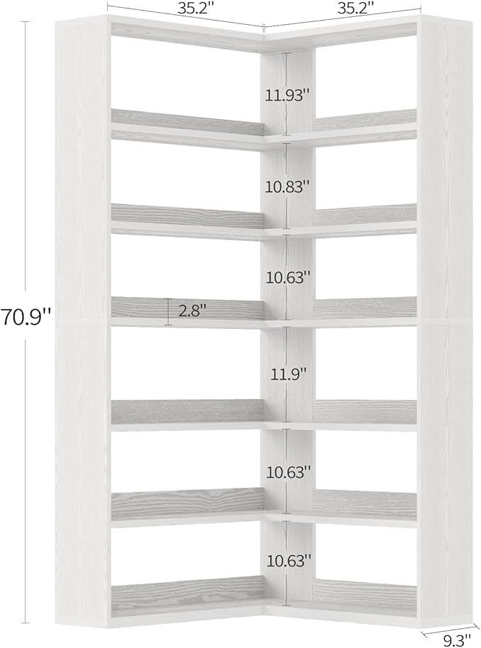 4 EVER WINNER Corner Book Shelf with LED Lights, 71” Corner Bookshelf for Living Room, Study Room, Wooden Storage Display Industrial l Shaped Bookshelf, White