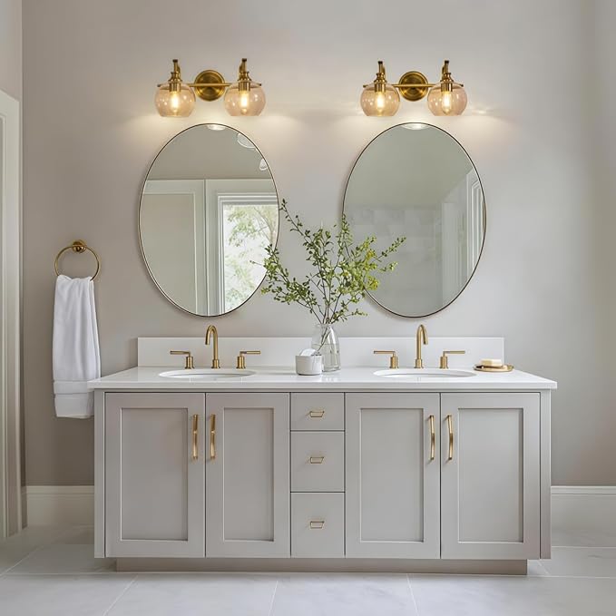 ANDY STAR Gold Bathroom Light Fixtures, 2-Light Brass Vanity Light, Modern Sconces with Globe Clear Lampshade, Farmhouse Bathroom Lighting Fixtures Over Mirror with Metal Lamp Body, E26 Base