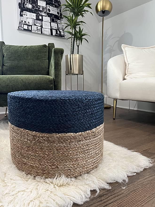S & L Homes Pouf Ottoman - 100% Jute Braided Footrest Pouf Hand Knitted Traditional Cord Boho Pouffe for Living Room, Bedroom, Nursery, Patio, Lounge Colorblock - Natural Navy (20”x20”x10”)