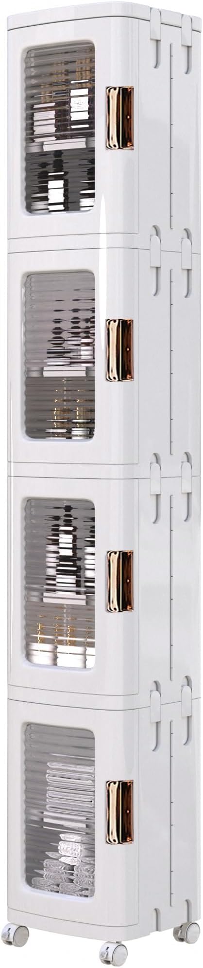 VECELO 4-Tier Tall Narrow Storage Cabinet with Movable Wheels, Adjustable Shelves, Anti-Tip, Slim, for Small Space, Bathroom, Kitchen, Laundry, White | 4-Tier, Movable Wheels, Adjustable Shelves, Magnetic Doors, Slim