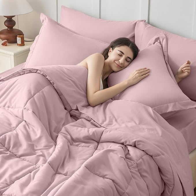 JOLLYVOGUE California King Comforter Set, Ultra-Soft Bed in a Bag Cal King Size 7 Pieces, Oeko-TEX Certified Bedding Set with Down Alternative Comforter, Sheets, Pillowcases & Shams, Camio Pink