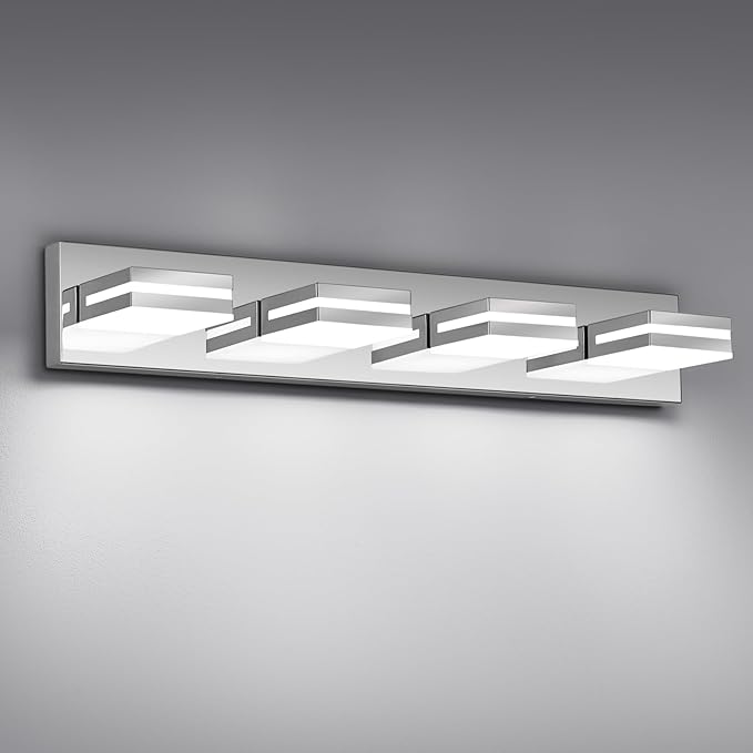 Modern LED Bathroom Lights Fixtures(4-Light),Stainless Steel Chrome Acrylic Wall Lighting,Vanity Lights for Bathroom Over Mirror(6000k 27in)