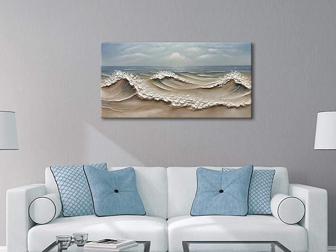zoinart Blue Ocean Wave Oil Painting on Canvas Impasto Textured Painting Serene Canvas Wall Art Living Room Wall Decor Contemporary Art 24" x 48"