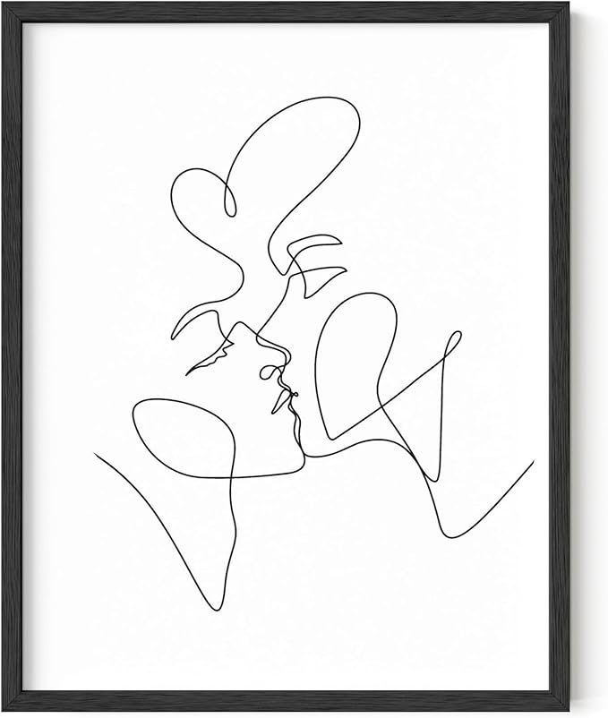 Minimalist Couple Art Wall Art Print Couple Kiss Abstract Line Drawing, Gallery Quality 11"x14" Black Framed, Abstract Love Aesthetic Decor Bedroom Living Room