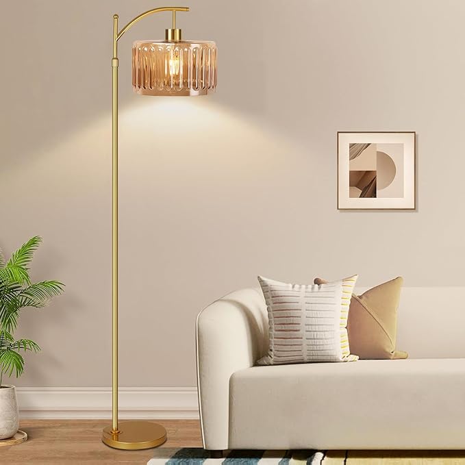 Glass Floor Lamp for Living Room,Bedroom,Gold Dimmable Standing Lamp with Remote,Mid Century Modern Brass Tall Lamp Boho Vintage Retro Floor Lamps Arc Amber Flower Floor Light Lamp Bohemian