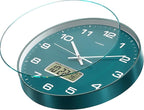 Wall Clock, 13" Dial Non-Ticking Silent Battery Operated Analog with LCD Display for Perpetual Calendar and F° Temperature, Ideal Modern Home, Office Decor (Green)