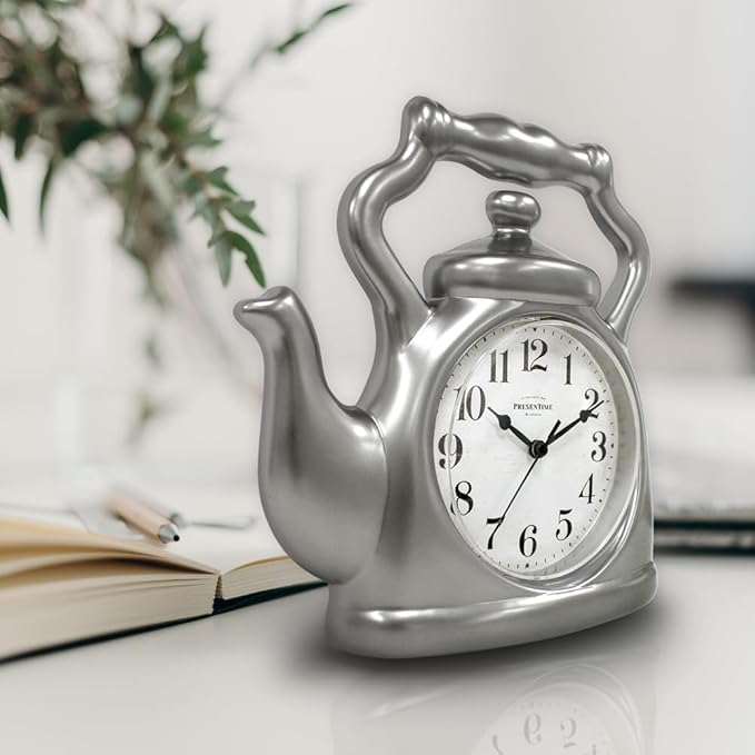Presentime & Co. 11" Teapot Clock, Silent Non Ticking, Modern Farmhouse Style, Wall & Mantel 2 in 1 Clock, Desk & Shelf, Steel Silver Finish (Wall Deocration/Home Decoration/Tabletop Décor)