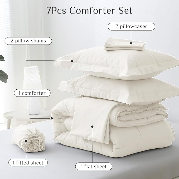 JOLLYVOGUE California King Comforter Set, Ultra-Soft Bed in a Bag Cal King Size 7 Pieces, Oeko-TEX Certified Bedding Set with Down Alternative Comforter, Sheets, Pillowcases & Shams, Ivory