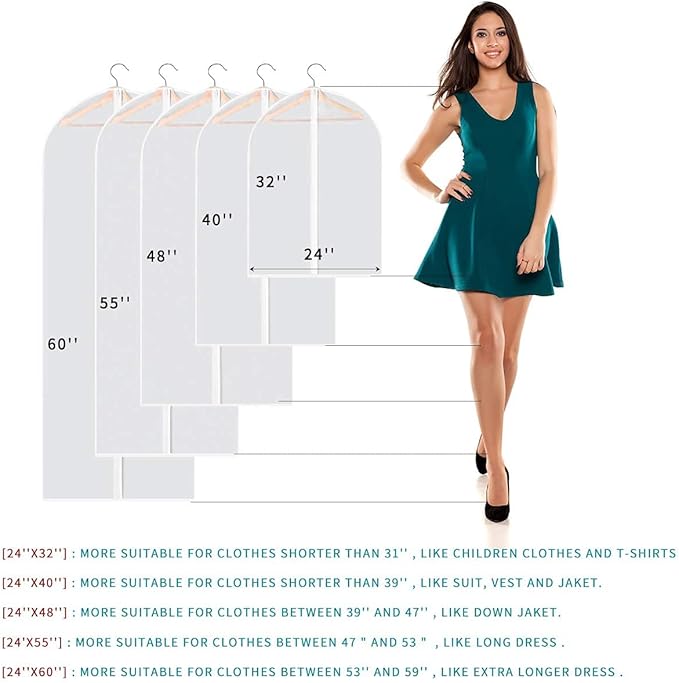 60" Dress Bags for Gowns, 6 Packs All Clear Garment Bags for Hanging Clothes, Plastic Waterproof Dress Cover with Zipper for Dresses, Coats, Uniforms (Set of 6)