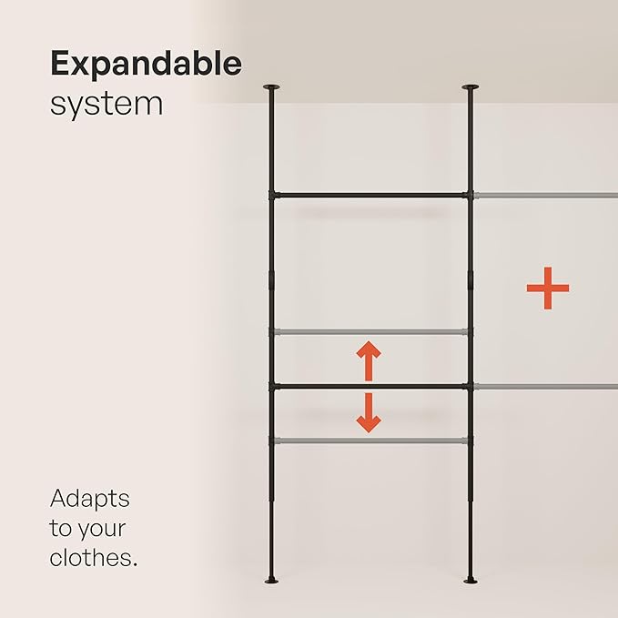 pamo Black Industrial Pipe Clothing Rack - LOFT IV - Steplessly Adjustable Closet Organizer System for Ceiling Heights between 86" - 98"- Suitable as Closet Clothes Rack or Room Divider