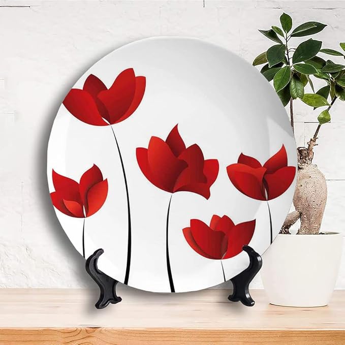 Ceramic Display Plate, Floral Ceramic Hanging Decorative Plate, Valentines Rose Petals Vivid Blossoms Florets, 7 Inch, Household Custom Ceramic Plate, Red
