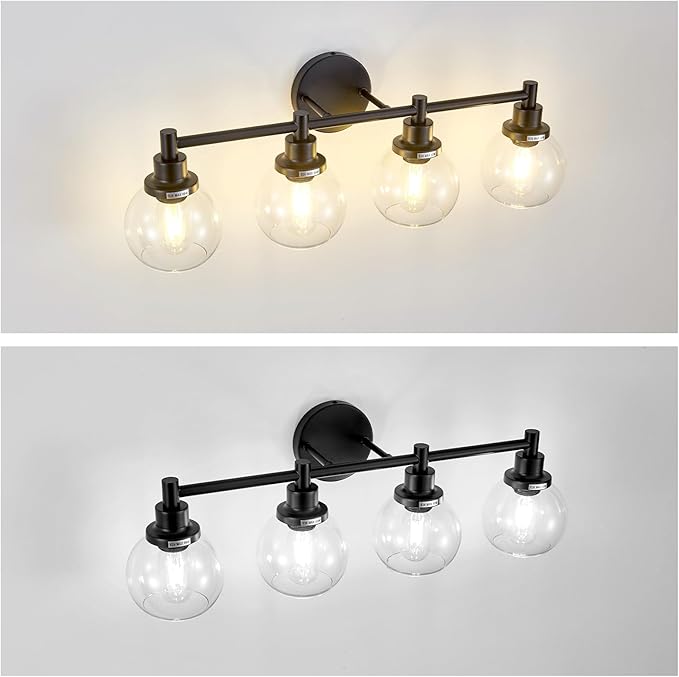 4-Light Bathroom Light Fixture Black Vanity Lights Over Mirror Modern Wall Sconce Farmhouse Vintage Bathroom Vanity Lighting with Glass Shade for Bedroom Hallway Cabinet Bathroom
