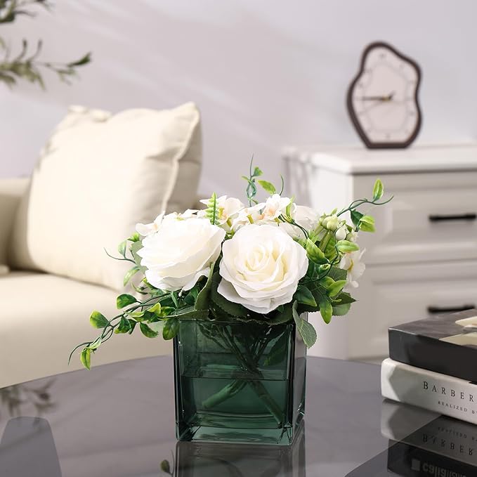 Square Glass Vases Set of 6, 4" x 4" x 4" Square Flower Vases for Centerpieces, Green Vase for Flowers, Small Vase for Wedding, Party, Home Office Decoration