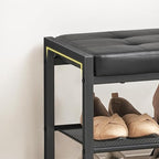 HOOBRO Small Shoe Bench, 3-Tier Shoe Rack, Shoe Storage Bench with PU Seat Cushion, Entryway Shoe Rack Bench with Metal Mesh Shelves, Freestanding Shoe Organizer for Hallway, Black BB33HX01