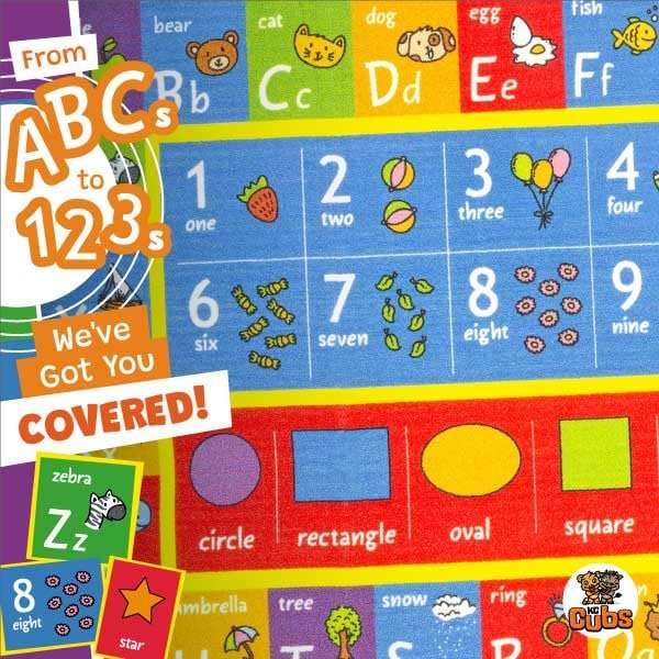 KC Cubs: Educational Rug: ABC Alphabet, Numbers & Shapes - 8x10' Playmat - Interactive Play, Activity Area Carpet, Bedroom-Classroom, Baby-Toddler-Kid