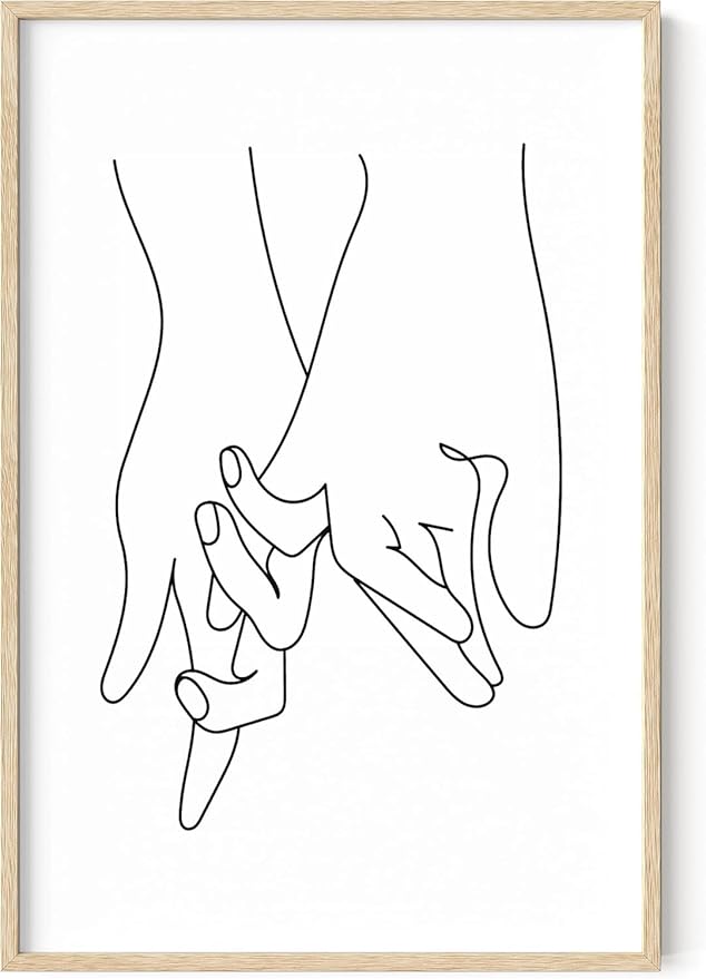 Holding Hands Wall Art Interlocking Fingers Continuous Line Drawing Love Connection 24x36 Inch Oak Wood Beige Framed Modern Romance Print for Bedroom