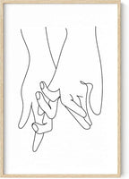 Holding Hands Wall Art Interlocking Fingers Continuous Line Drawing Love Connection 24x36 Inch Oak Wood Beige Framed Modern Romance Print for Bedroom