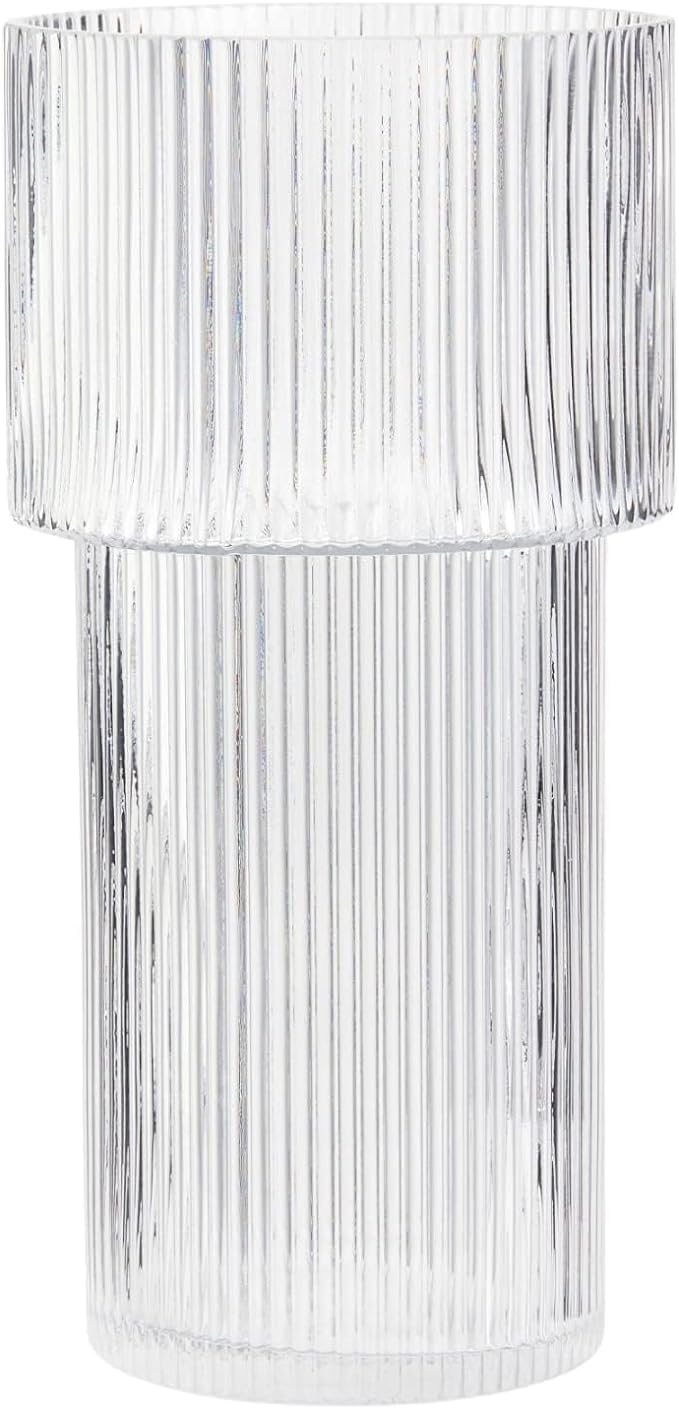 Large Glass Vase, 12 Inches Tall Vase for Flowers, Flower Vases for Bouquet, Modern Ribbed Glass Vases for Living Room, Dining Table, Office, Entryway, Mantle, Shelf, Wedding Gifts