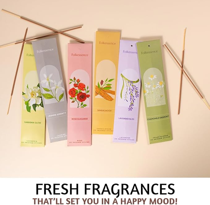 Folkulture Incense Sticks with Holder (120 Sticks) | Set of 6 Floral Incense Sticks For Room Fragrance, Valentines Day Gifts | No Charcoal, Non Toxic, 45 Min, Long Burning Jasmine, Rose Insence-Sticks