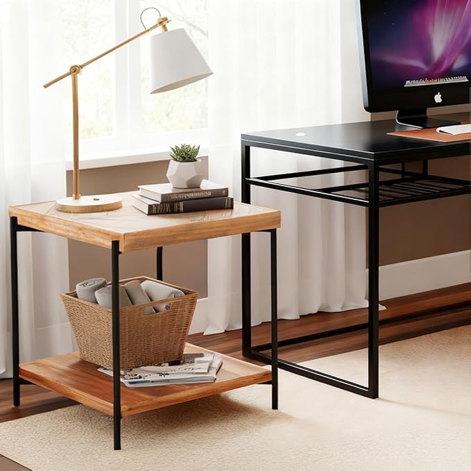 CONSDAN StoneCreek Solid Fir Wood Side Table - Metal Frame, 2-Tier End Table for Living Room/Bedroom/Office, 23" Square Night Stand, Accent Table
