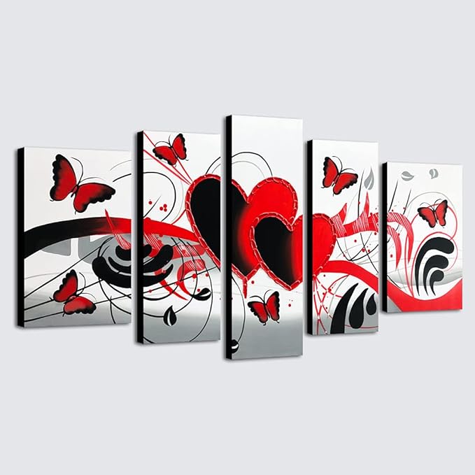 Wieco Art Red Flower Love Butterfly Abstract Oil Paintings on Canvas Wall Art Ready to Hang for Living Room Bedroom Home Decorations Modern 5 Panels Stretched and Framed 100% Hand Painted Artwork