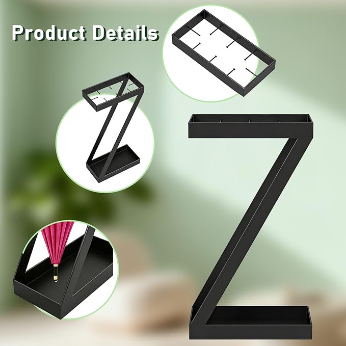 Umbrella Holder for Entryway, Metal Umbrella Stand with Drip Trays, Space-Saving Umbrella Holder, Umbrella Stands Rack, Walking Cane Stand, Black
