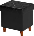 CAROLMADE Folding Storage Ottoman Cube PU Leather Footstool with Wood Legs Ottoman Footrest for Living Room and Bedroom Black, 15x12.6 x 15.4”