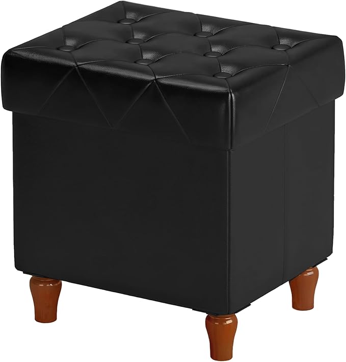 CAROLMADE Folding Storage Ottoman Cube PU Leather Footstool with Wood Legs Ottoman Footrest for Living Room and Bedroom Black, 15x12.6 x 15.4”