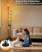 Lightdot Dimmable Boho Floor Lamps for Living Room, 3-Lights Rattan Floor Lamp with Shelves, 3000K Farmhouse Floor Lamp, Rustic Black Standing Lamp with Bulbs Included/Sofa Beside/Corner Decor