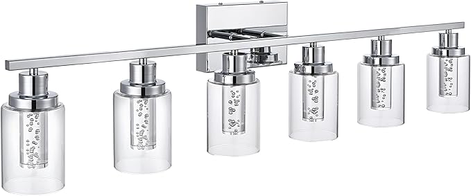 MELUCEE 6-Light LED Bathroom Vanity Light 5 Color Dimmable, Modern Chrome Vanity Lights Bathroom Light Bar Wall Sconce Lamp with Crystal Bubble Clear Glass Shade, Built-in LED Chips
