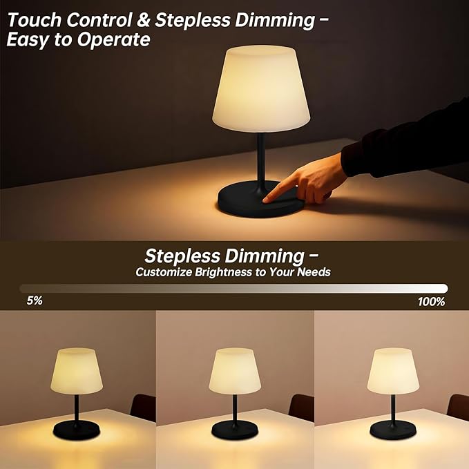 Waterproof Rechargeable Table Lamp - Portable Cordless Desk Lamp with 8 RGB Colors,4000mAh Outdoor Stepless Dimmable LED Night Light for Bedroom, Living Room,Camping Restaurant,Office (Black)