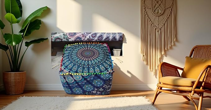 CRAFT KALA Indian Square Patchwork Traditional Pouf Cover Indian Living Room Pom Poufs Cover Decorative Designer Ottoman Home Living Footstool Chair Cover Ottoman Decor 18X18X14 inches, Blue Mirchi