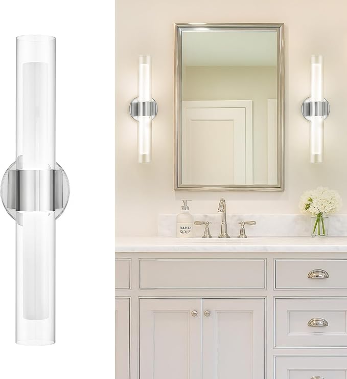 kudos Brushed Nickel Bathroom Sconces Wall Lighting, Vanity Light for Bathroom, Modern Wall Lights with Clear Glass and Frosted Glass, 3000K/4500K/6000K Adjustable, KDVL06-BN-2