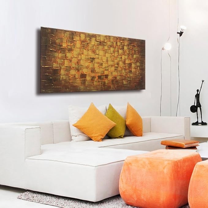 MyArton Large Abstract Golden Yellow Square Wall Art Hand Painted Textured Oil Painting on Canvas Ready to Hang 60x30inch
