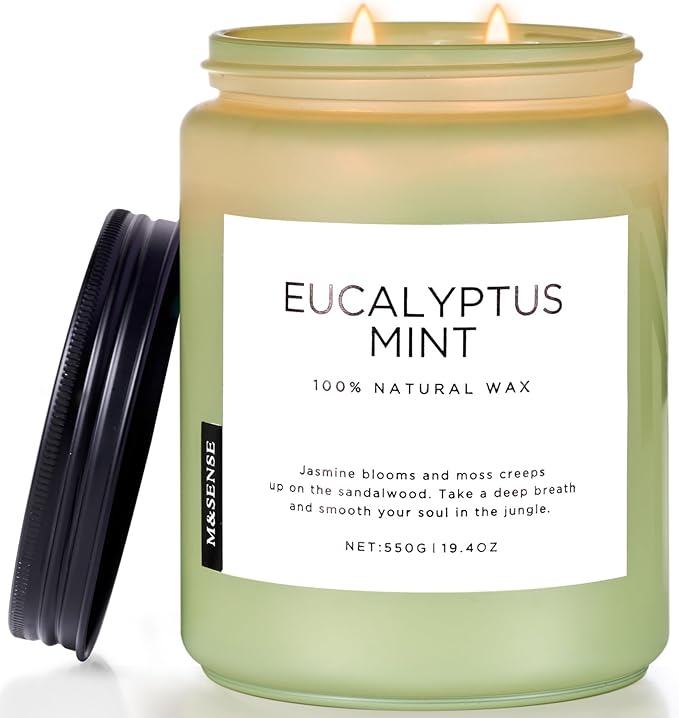 M&SENSE Eucalyptus & Mint Candles Home Scented, Natural Non Toxic Soy Candle, 19.4oz 110H Long Lasting Aromatherapy Candle for Stress Relief, Meditation, Spa, Relaxing Gifts for Men Women