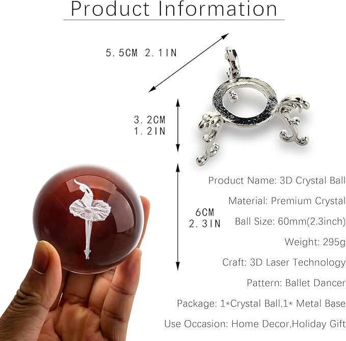 HDCRYSTALGIFTS 3D Laser Engraved Ballerina Dancing Crystal Ball Paperweight Elegant Ballet Dancer Girl Figurine Glass Sphere Home Art Decor (60mm,2.4inch)