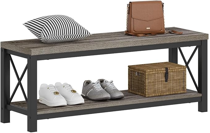 BON AUGURE Entryway Bench with Shoe Storage, 47" Modern Industrial Wood & Metal Hallway Bench for Mudroom, Living Room in Dark Grey Oak