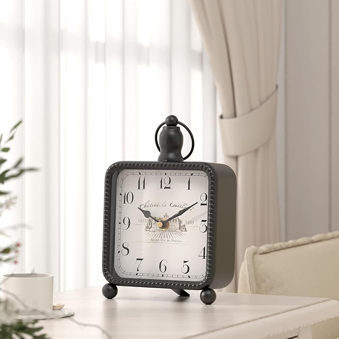 Vintage Black Table Clock on Stand, Desk and Shelf Decor Clock, French Rustic Style Mantel Clocks for Farmhouse, Living Room, Bedroom, Bedside, Gift (8.5" H x 5.5" W)