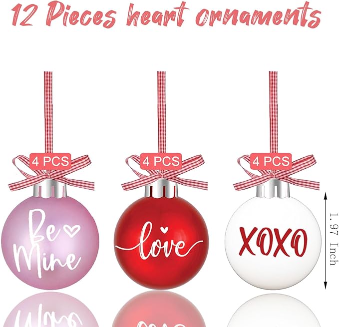 Valentines Tree Decorations, 12 Pcs Valentine Ornaments for Tree, Valentine's Day Hanging Ornament for Christmas Tree, Red Pink White Plastic Ball Ornaments