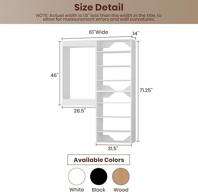 ROOMTEC Modular Closet System, 61" Wall-Mounted Closet Organizer with Hanging Rods and Shelves, Wooden Tower for Walk-In Closets, Wardrobe Storage Kit, White