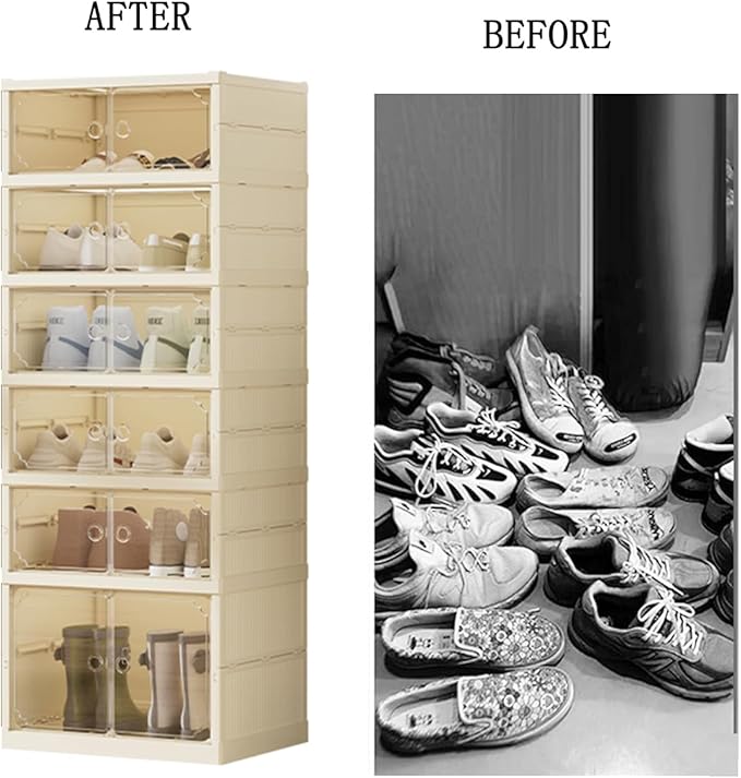 6Tier Foldable Shoe Rack Organizer for Closet,12Pairs Collapsible Plastic Shoe Shelf,Large Shoes Cabinet with Door,Clear Stackable Storage Box Easy Assembly,for Living Room (6Tier12Pairs Cream White)