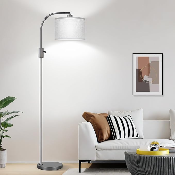 【Upgraded】 Dimmable Gray Floor Lamp, 1203 Lumens LED Bulb Included, Arc Floor Lamps for Living Room Modern Standing Lamp with Gray Linen Shade, Tall Lamp for Living Room Bedroom Office Reading Room