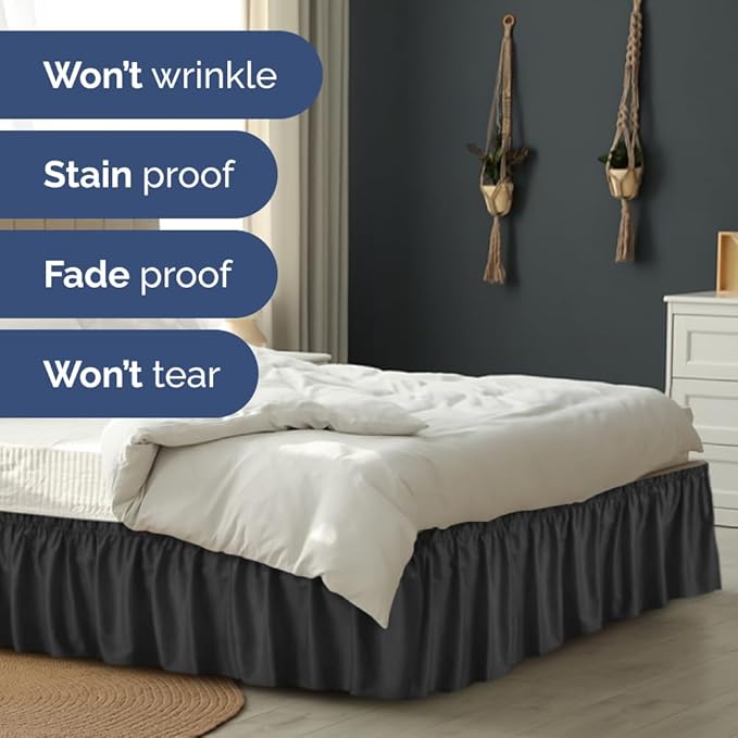Wrap Around Dust Ruffle Bed Skirt - Black - for Full Size Beds with 24 Inch Drop - Easy Fit Elastic Strap - Adjustable Pleated Bedskirt w/Brushed Fabric - Wrinkle Free - for Women, Men, Kids & Teens