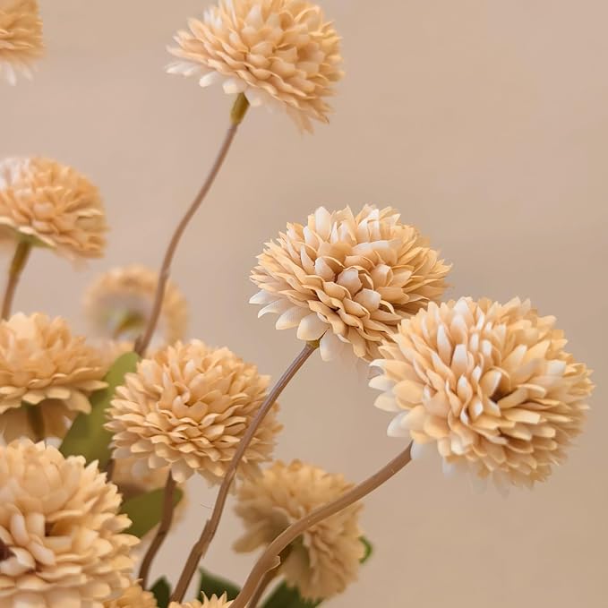 10 Pcs Fake Flowers, Artificial Mums with Long Stems, Beige Faux Pompon Mums Floral Arrangement, Champagne Plastic Flowers Silk Dried Flowers Home Decor, Fall Decorations for Home Vase(No Vase)