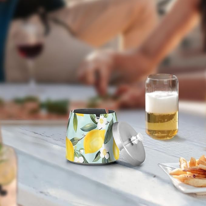 Lemon White Flowers Blue Pattern Ashtray with Lid, Outdoor Ashtrays for Patio, Stainless Steel Ashtray Odorless Smokeless for Home Office Balcony