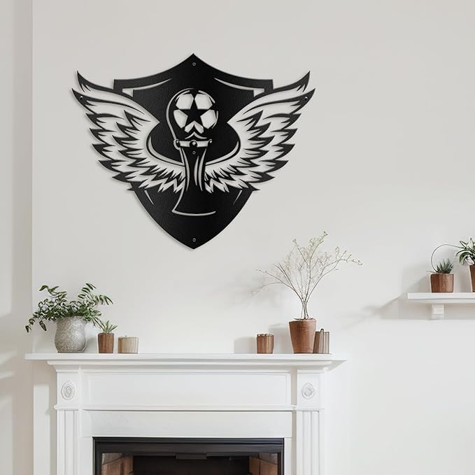 SIGNLEADER Metal Wall Art Decor - Soccer Trophy with Wings Minimalist Modern Abstract Wall Sculpture Hanging Home Decoration for Living Room, Bedroom, Bathroom, Kitchen, Studio, Outdoor - 36" Black